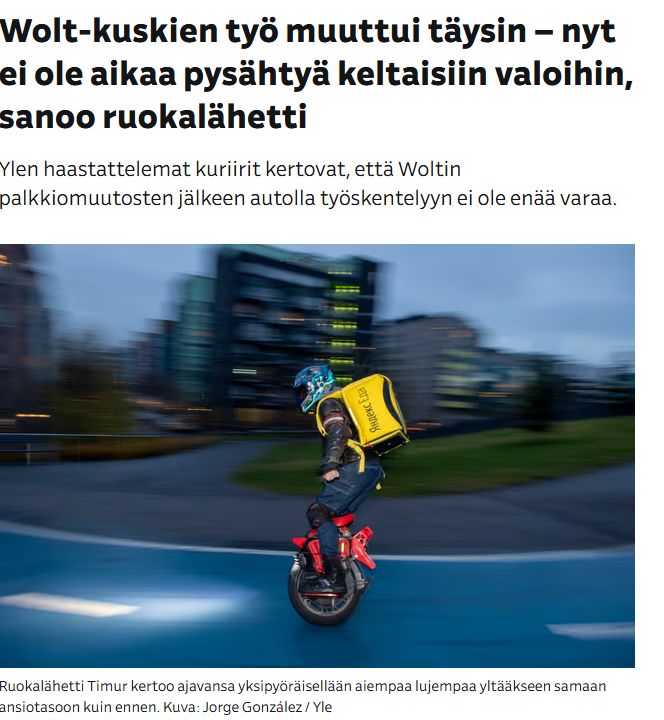 Yle article about Wolt courier work changing after fee changes